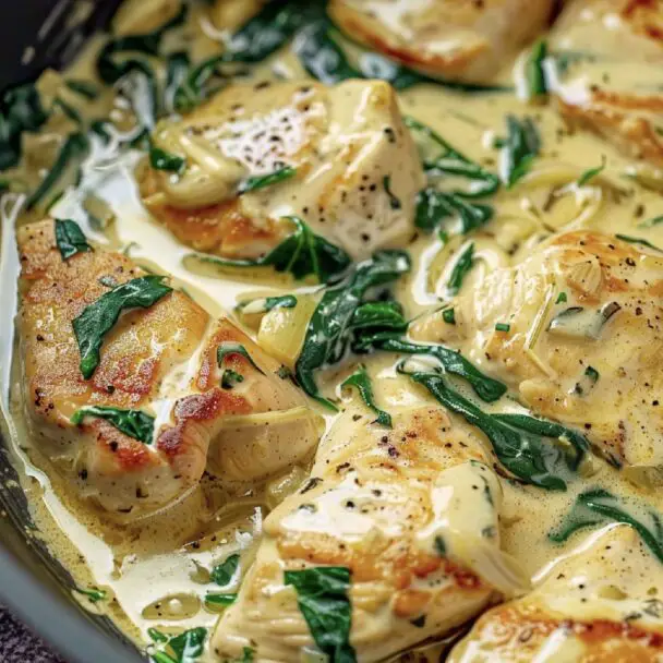 Slow Cooker Spinach Artichoke Chicken ready to serve