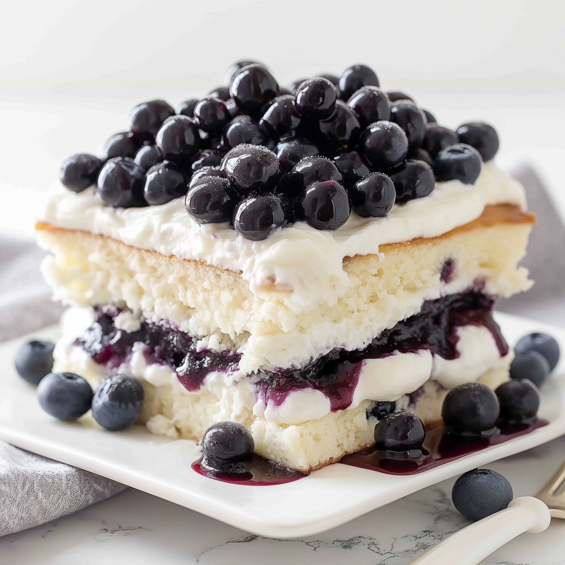 Close-up of Blueberry Shortcake with fresh blueberry topping.