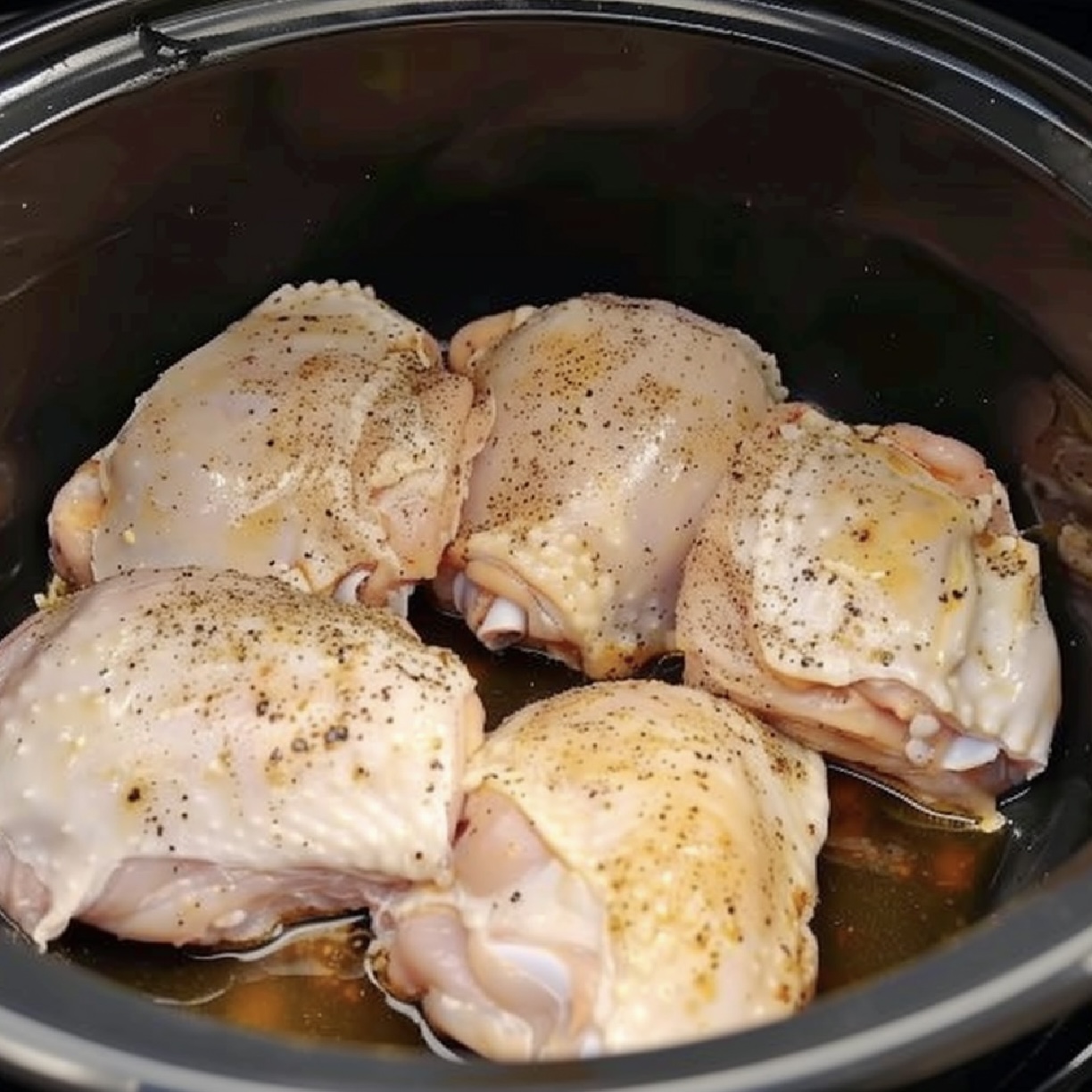 Pouring Sauce Over Chicken in Slow Cooker