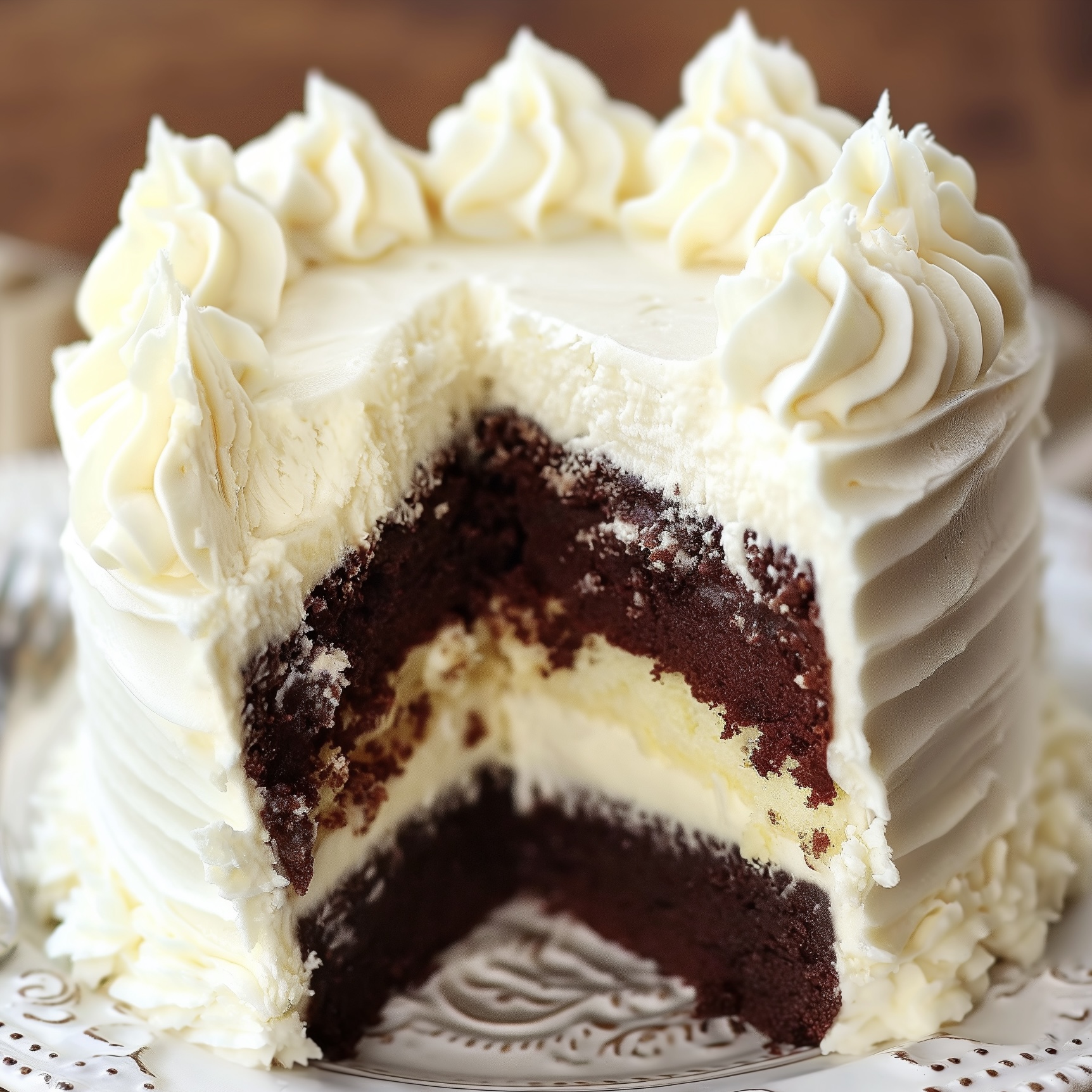 Luxurious white layer cake with rich fudgy brownie base on elegant serving plate.