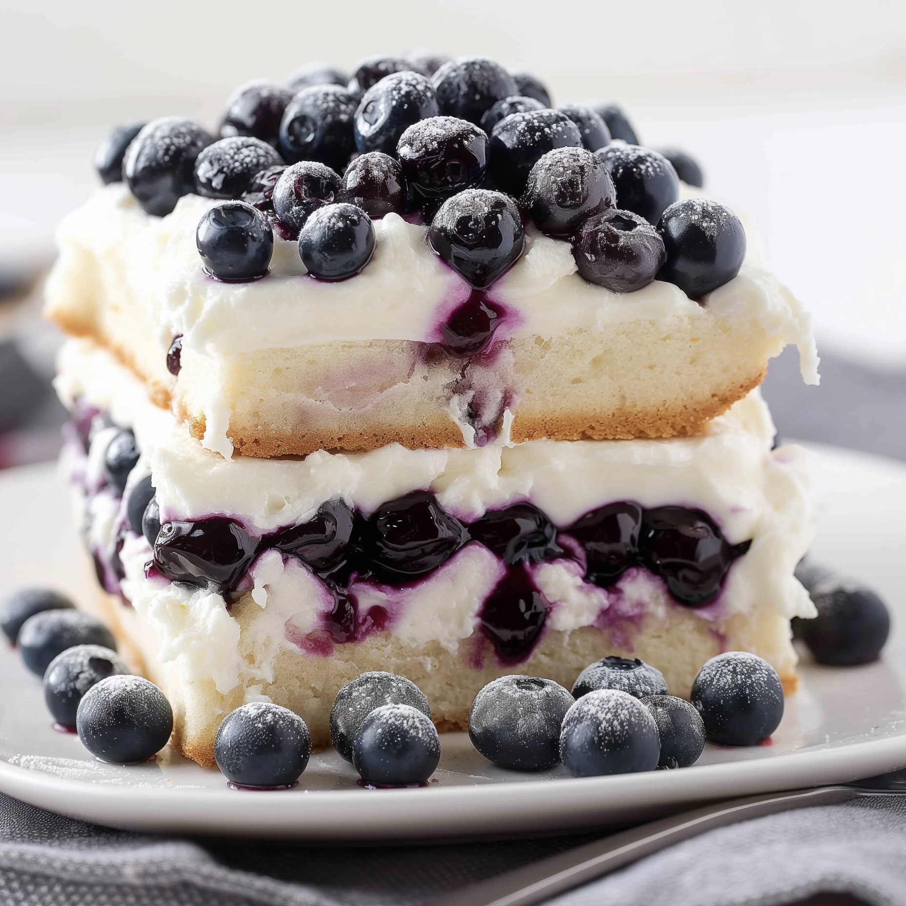 Layers of Blueberry Shortcake during assembly.
