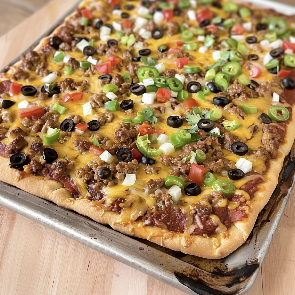 Delicious Sheet Pan Taco Pizza ready to serve