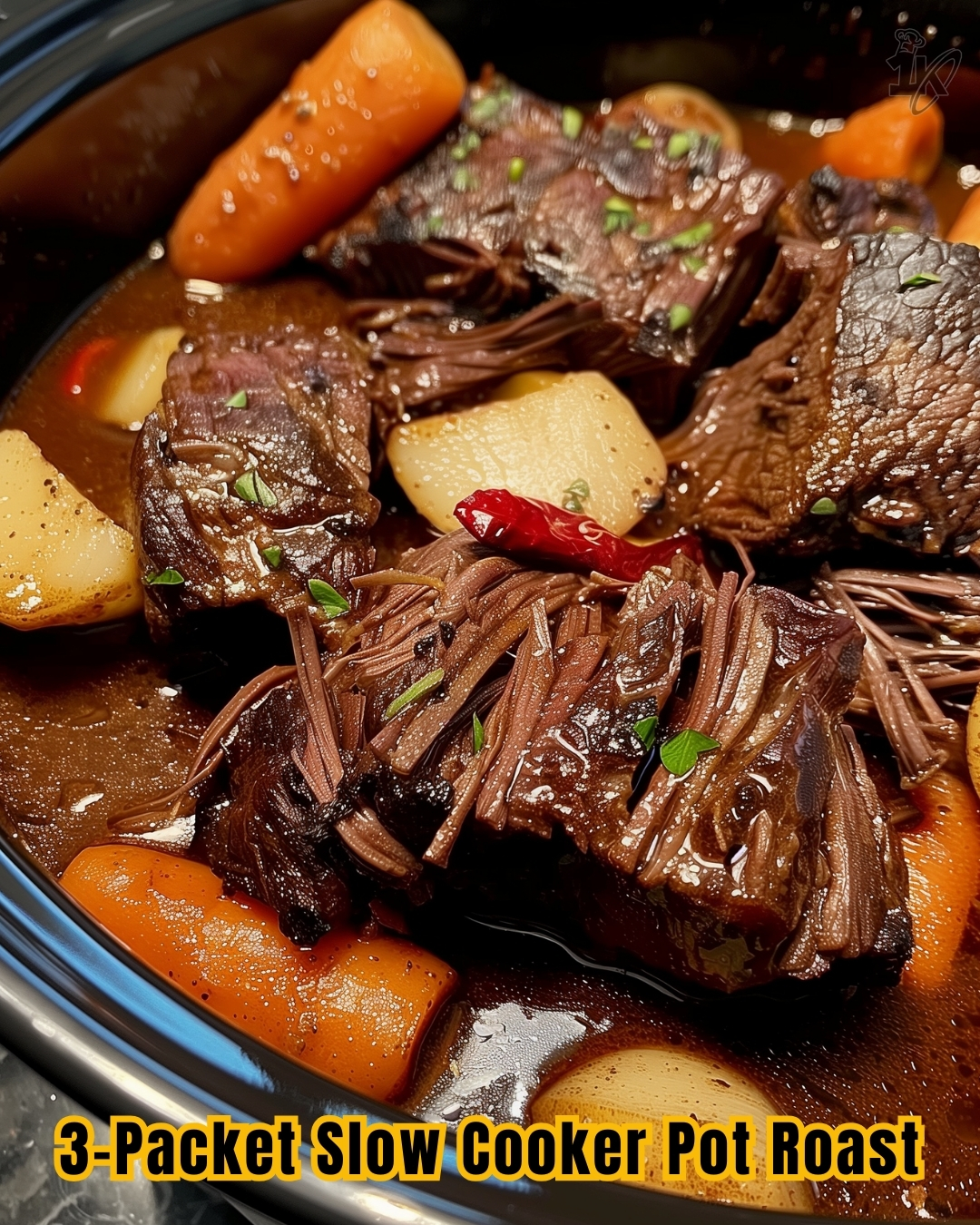 Hearty and flavorful 3-packet slow cooker pot roast served with mashed potatoes and steamed carrots.