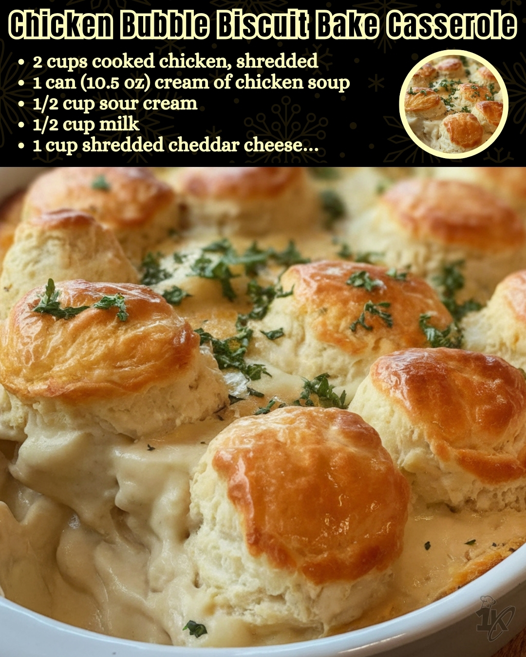 Hearty and comforting chicken casserole featuring creamy chicken sauce and fluffy biscuit topping, ideal for easy weeknight meals.