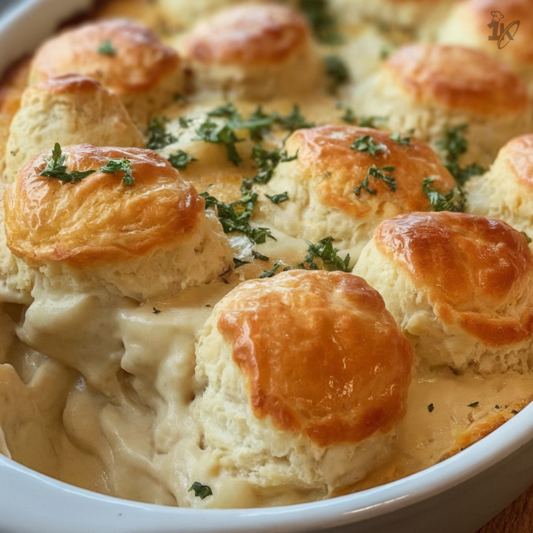 Delicious chicken bubble biscuit bake casserole with tender shredded chicken, creamy sauce, and golden biscuits, perfect for family dinners.